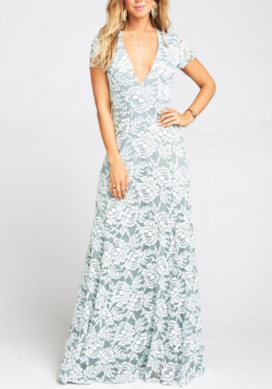 Show Me Your Mumu Green White Eleanor Lace Maxi Dress Womens XS Cut Out V Neck